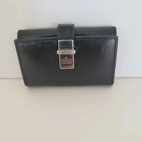 Gucci Logo Clasp Key Holder Wallet Case Leather Small Unisex Black Trifold - Picture 1 of 8
